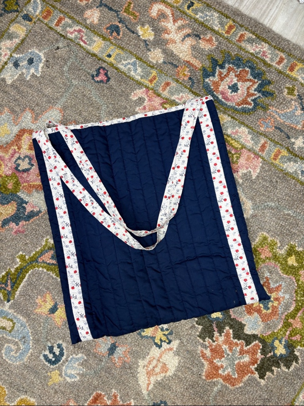 Handcrafted Quilted Navy Patchwork Flower Tote Bag - Picture 10 of 10